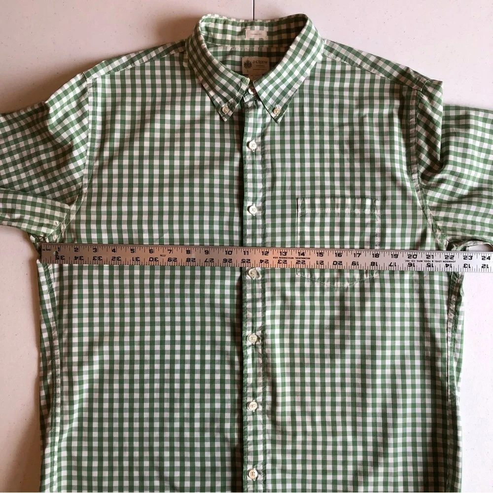 J Crew Gingham Washed Casual Men's Green/White Dress Shirt Size L